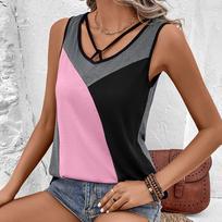 Sleeveless T-Shirts Contrasting Color Patchwork Sexy Vest Color Blocked T-shirt Top for Women S