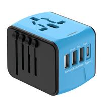 Universalus kelioninis adapteris, tarptautinis maitinimo adapteris, 3 USB prievadai + 1 „Type-C“ prievadas + pasaulinis kintamosios srovės adapteris mėlyna/juoda