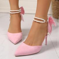 Fashion Luxury Pearl Bead Straps Pumps Women Sexy Pointed Toe Pumps Women Suede Big Bowknot Thin High Heels Shoes Woman 2025 Summer 36