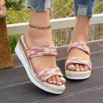 Bohemia Colorful Woven Strap Slip On Sandals Women Summer Round Toe Wedge High Heel Sandals Deodorization Fabric Insole Shoes 43 white