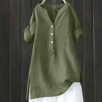 Women's Fashionable V-Neck Button-Down Hem Split-Front Cotton-Linen Short-Sleeved Casual Pullover T-Shirt L