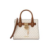 Michael Kors MK Hamilton Monogram Commuter Fashion Design Leather Tote Bag Small Women Handbags Vanilla-White Acorn-Brown 35F1GHMS1B-150 Basic Set (Bag+Dust Bag)