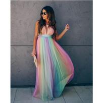 Spring Summer Women's Sexy Deep V Rainbow Mesh Slip Dress, European American Style Casual Party Sundress S