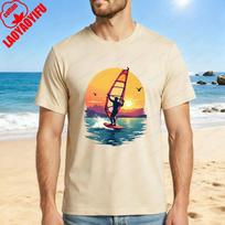 Windsurfing Sunset Ocean Scene Unisex Cotton TShirt Summer Beach Outdoor Activity Casual Wear Men Women Retro Fashion Tops S