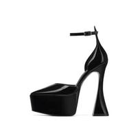 Pointed Toe Shallow Platform Women Sandals Sexy Shiny Patent Leather Ankle Strap High Heels 2025 High Quality Black/pink Pumps 34