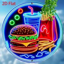 Neon Burger Fries Drink Round Metal Wall Art Fast Food Decor Tin Sign 20cm