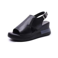 New sports sandals casual slope heel platform sandals women's fish mouth open toe one-word buckle foreign trade large size women's shoes 35 black