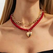 New fashion 2Pcs/set Punk Metal Love Heart Pendant Necklace Women Trendy Red Acrylic Beaded Clavicle Chain Daily Jewelry Gifts
