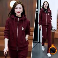 Plus Velvet Thickened Sports Suit Women's Autumn and Winter Zipper Hooded Cardigan Sweater Casual Two-piece Suit XXXXL raudona