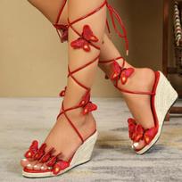 Fashion New Design Platform Women Shoes Brand Chunky High Heels Wedge Women Sandals Fashion Butterfly-knot Ankle Cross-Strap Party Shoes 34 raudona