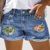 Fashionable new printed cuffed ripped personalized sexy printed mid-waist summer women's denim shorts S