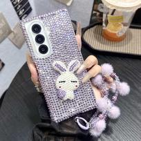 Case for Samsung Galaxy Z Fold7 6 5 4 3 with Crystal Rhinestone 3D Detachable Beaded Wrist Strap Shockproof Cover Phone Bumpers for Samsung Z Fold6 violetinė