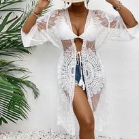 Women Lace Embroidered Sheer Mesh Kimono Beach Cover Up For Bikini Swimwear One Size balta