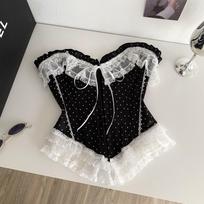 2025 New French Polka Dot Bustier Top Sexy Lace Trim Corset With Tie Detail Button Haut Corset Bustier Corset Tops Women S
