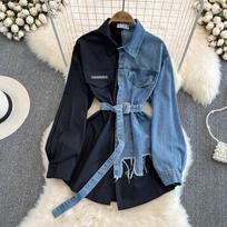 Spring Retro Hong Kong-Style Belted Denim Shirt - Women's Chic Casual Mid-Length Top One Size juoda