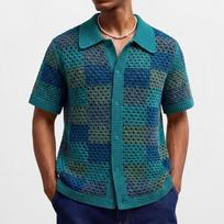 Men's Summer Sexy Cool Hollow Breathable Shirt Summer Casual Knitted Short-sleeved Lapel Shirt L