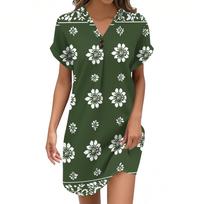 Women's V-neck Vintage Color Block Stitching Print Pullovers Casual Button Dress M