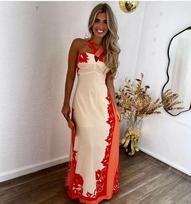 Summer new European and American neck sexy color matching fashion vacation beach long print dress women's clothing S