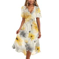 Women's Casual V Neck Short Sleeve Midi Dress Floral Print Wrap Style Lightweight Summer Dress XXL smėlis