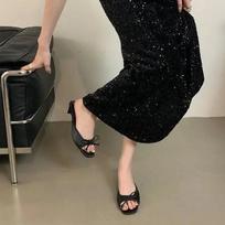 French Style High Heel Sandals 2025 New Summer Korean Version Thick Heel Slip-On Shoes Butterfly Knot Fairy Shoes Women Slides 35 juoda