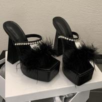 Sexy Slippers Women Rhinestone Fluffy Feather Sandals Platform Chunky High Heels Party Nightclub Ladies Mules Shoes Pantuflas 35