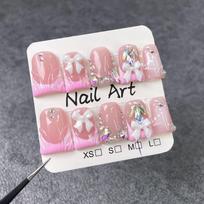 Pink Color Press on Nails White French Tip Handmade False Nails Rhinestones Design 3D Carving Duckbill Nails Wearable Nails