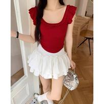French square collar, fungus edge, curved hem, beautiful back, short sleeves, pure lust bow T-shirt, women's short midriff-baring top, summer S