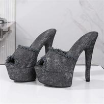 Eilyken Summer Sexy Stiletto Heels Denim Open Toe Slippers Women Platform Stripper Party Slide Shoes Zapatillas De Mujer 34