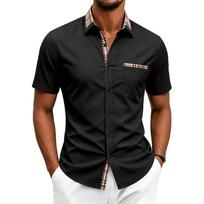 Men Short Sleeve Shirt with Trim Classic Fit Breathable Stretch Fabric Non Turn Down Collar Button Up Top L juoda