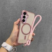 S25 ultra Magnetic case Flip 7.3 ,for samsung S25 S24 S23 S22 ultra Edge Plus case clear Shockproof Magnetic Cover with Strap Opp Bag&S25 rožinė