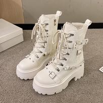 Fashion New Women Fur Ankle Boots Thick Sole Leather Combat Motorcycle Boot Autumn Winter Warm Plush High Platform Snow Shoes Woman 10CM 34 smėlis