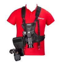 Dvigubo fotoaparato diržų sistema su krūtinės liemene ir šonine dėtuve Canon, Nikon, Sony, Olympus DSLR kameroms