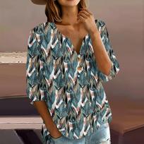 Women Floral Print Henley Neck Button Front Three Quarter Sleeve Cotton Linen Shirt Loose Fit Blouse Casual Top for Spring Summer XL žalia