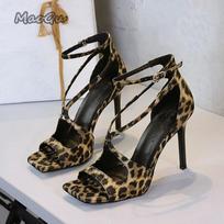 Sexy 10.5CM High Heels Women Stiletto Suede Leopard Black Pumps Square Head Peep Toe High Heeled Sandals Ankle Buckle Shoes 34