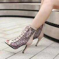 Sexy Leopard Pattern Mesh Thin Heel High Heel for Women Elegant Size 43 Breathable Sandals Lace Up Peep Toe Cool Boots 34