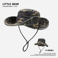 Unisex Camouflage Western Cowboy Hat Wide Brim Outdoor Hiking Camping Bucket Hat Uv Protection Sun Shade Breathable Trendy Caps 56-58cm black