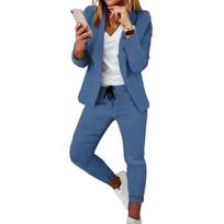 2 Pcs/Set Women Coat Pants Set Business Set Long Sleeves Solid Color Drawstring Elastic Waist Lapel Slim Fit Pants Blazer Trousers Suit M mėlyna
