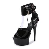 Walking show model shoes with thin heels sexy black waterproof platform 13CM15cm Hentian high heel sandals female summer 34