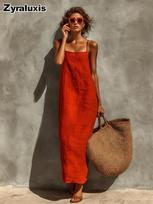 Summer New Solid Color Sexy Vintage Lazy Style Cotton Linen Off-Shoulder Long Dress for Women S