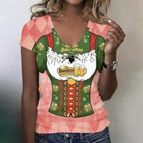 Women's Casual V Neck Short Sleeve Oktoberfest Print T Shirt Top Lightweight Soft Fabric Comfortable Fit for Everyday Wear L smėlis