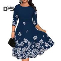 Summer O neck 3/4 Sleeve Midi Dress Butterflies Flower Printing Waist Tight Loose Hem A Line Elegant Casual Dress Streetwear XL mėlyna