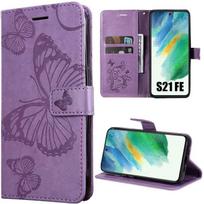 Protective Case - BOOLING - for Samsung Galaxy S21 FE - Purple PU Leather - Butterfly Pattern - Magnetic Closure