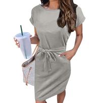 Ladies Casual Fashion Sexy Round Neck Short Sleeve Belted Solid Color Dress XL