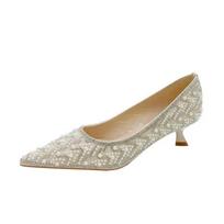 Comemore Pumps for Women Sexy Pearl Decoration Women's High Heels Sequins Dress Party Shoes Stiletto Heel Single Shoe 34