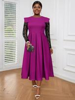 AOMEI Retro stiliaus elegantiškos moteriškos suknelės ilgomis rankovėmis, juodos, nėriniais puoštos, klostuotos iškilmingos violetinės suknelės. 1XL violetinė