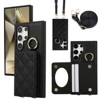 Crossbody Leather Ring Phone Case for Samsung Galaxy S25 S24 Ultra S23 S22 Plus Mirror Wallet with Card Holder Protective Cover Galaxy S25 Ultra