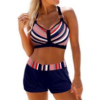 New multi-color striped printed bikini large size suspender flat angle high waist split swimsuit women S