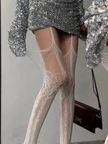 Hollowed Out Lace Fishnet Suspender Socks Women Sexy Slim Nylon Mesh Thigh High Stockings White Tights Open Crotch Pantyhose One Size