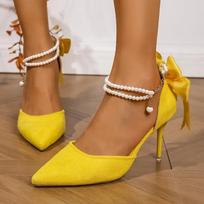 Luxury Pearl Bead Straps Pumps Women Sexy Pointed Toe Pumps Women Suede Big Bowknot Thin High Heels Shoes Woman 2025 Summer 36