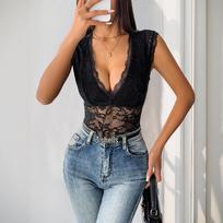 2026 Summer Sexy Sleeveless Lace V-neck Black Jumpsuit for Women Small
